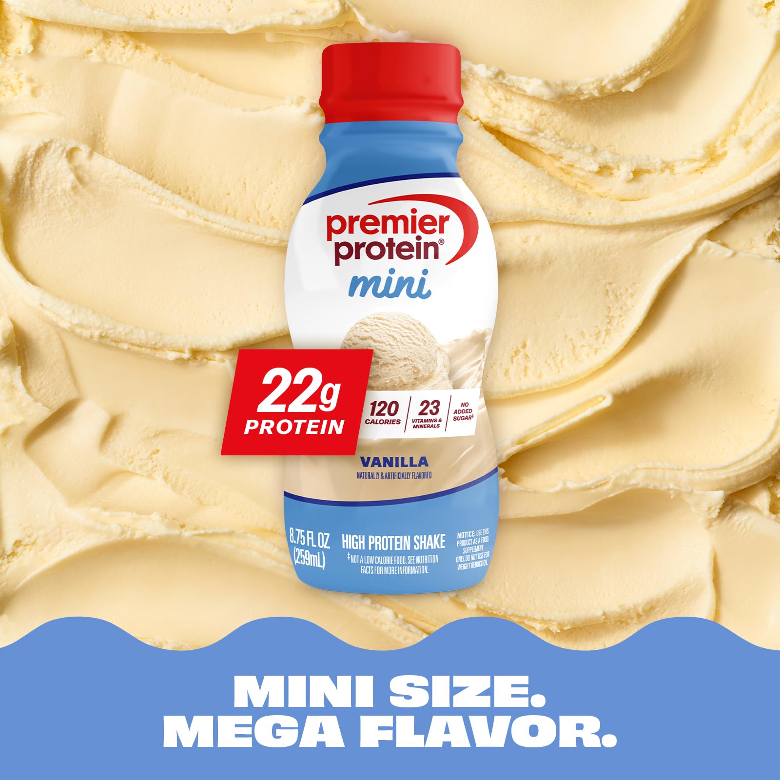 Premier Protein MINI vanilla held in hand to show compact size and portability