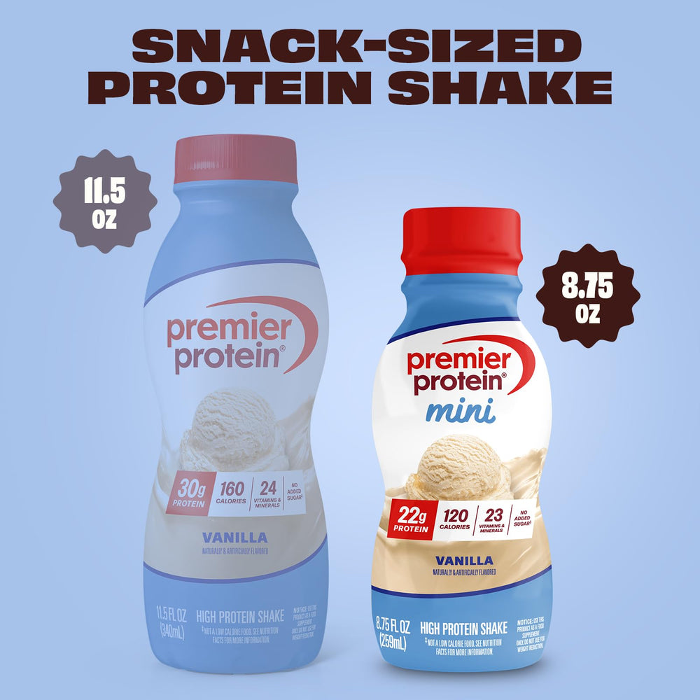 Premier Protein MINI vanilla shake texture close-up showing smooth creamy consistency