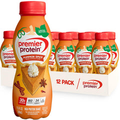 Premier Protein front packaging showing 12-pack and seasonal pumpkin spice benefit
