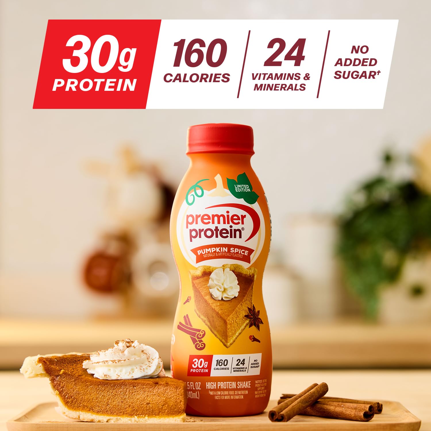 Premier Protein pouring pumpkin spice shake into glass for quick nutrition