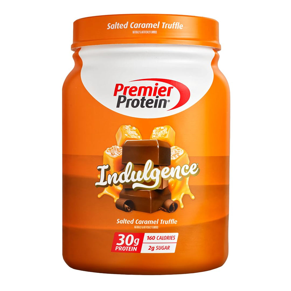 Premier Protein tub front view showing salted caramel truffle flavor and servings benefit