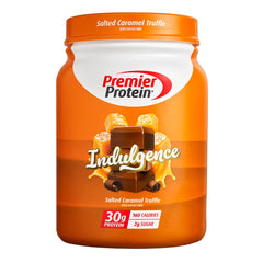 Premier Protein tub front view showing salted caramel truffle flavor and servings benefit