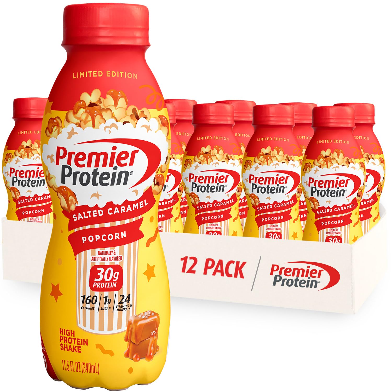 Premier Protein bottle front view showing salted caramel popcorn flavor and on‑the‑go convenience