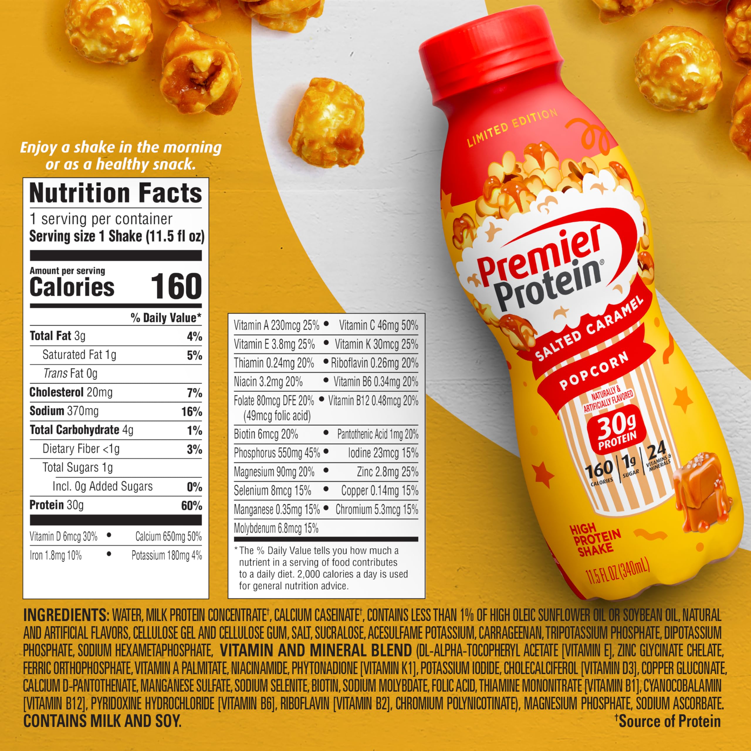 Premier Protein bottle beside bowl of oatmeal showing flavor pairing and quick breakfast benefit