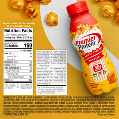 Premier Protein bottle beside bowl of oatmeal showing flavor pairing and quick breakfast benefit