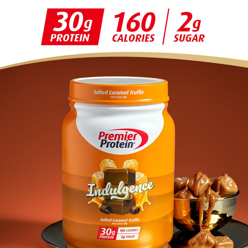 Prepared salted caramel protein shake in glass showing Premier Protein convenience benefit