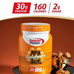 Prepared salted caramel protein shake in glass showing Premier Protein convenience benefit