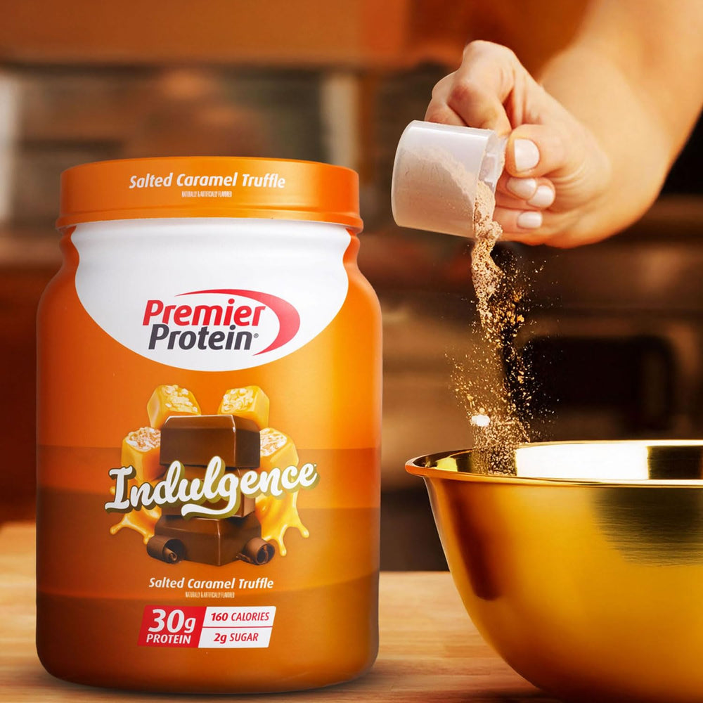 Scoop of Premier Protein powder portioned to show accurate serving and easy measuring