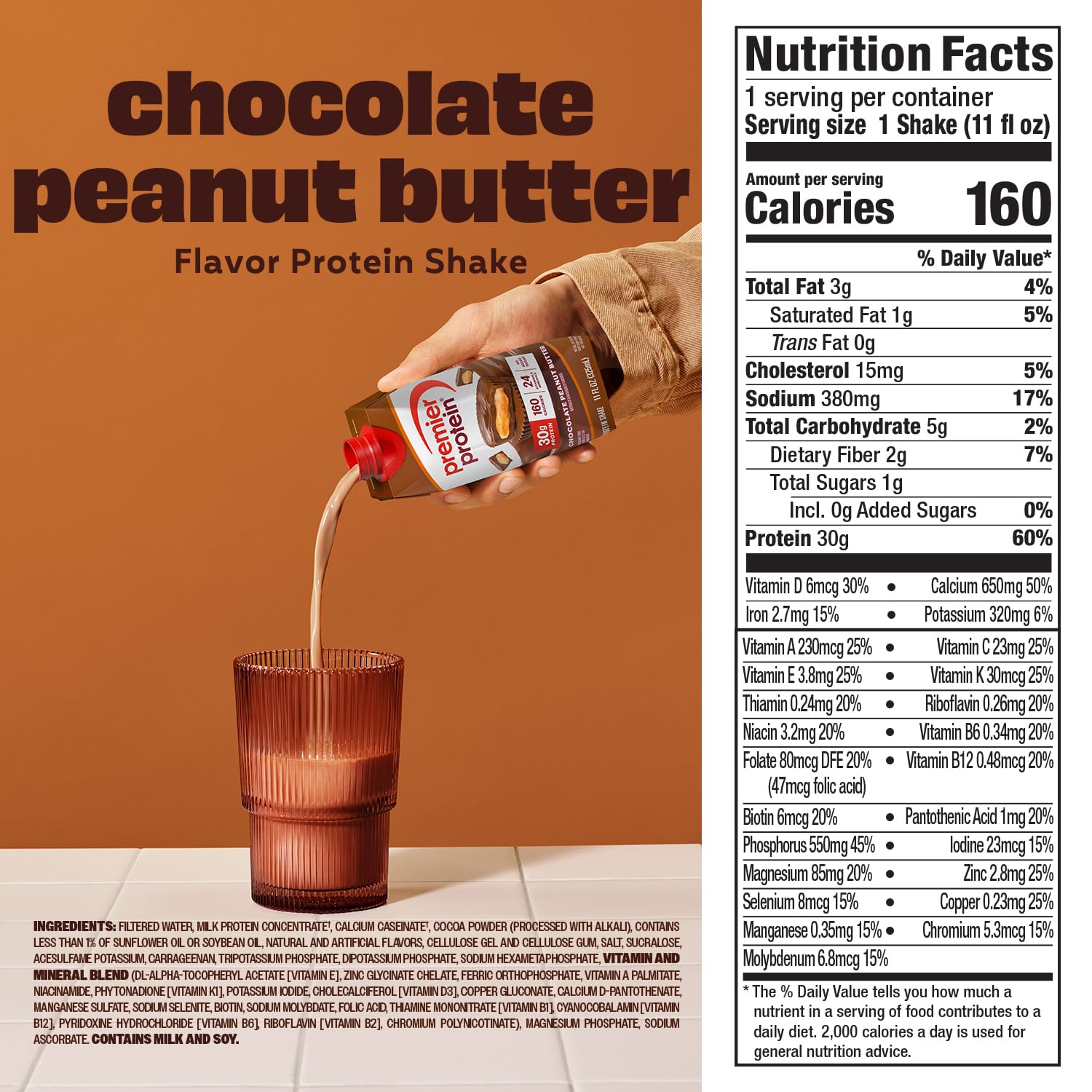 Premier Protein bottle held in hand showing 11 fl oz size and portable convenience