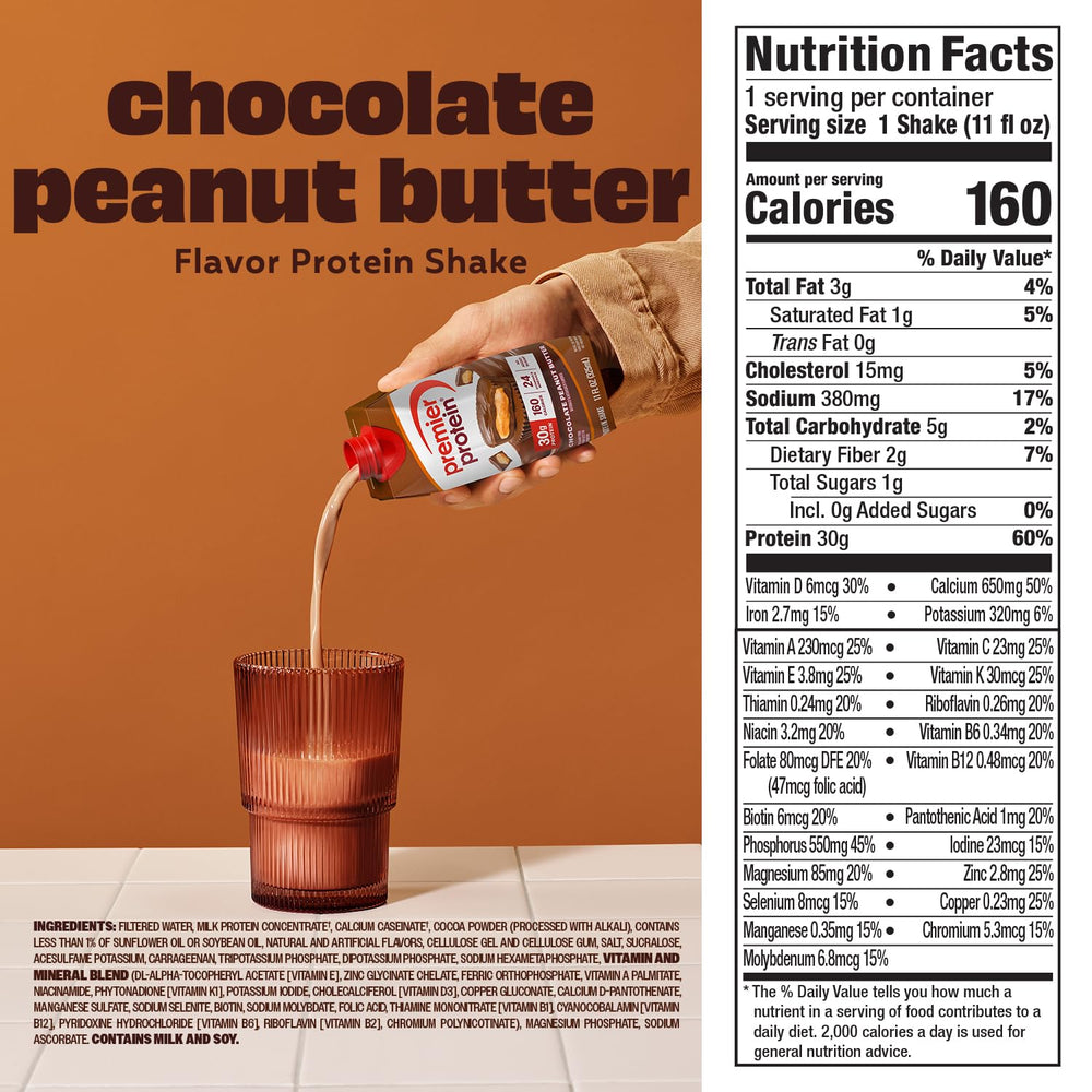 Premier Protein bottle held in hand showing 11 fl oz size and portable convenience