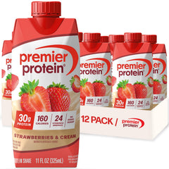 Premier Protein front packaging showing strawberries and cream flavor and benefits