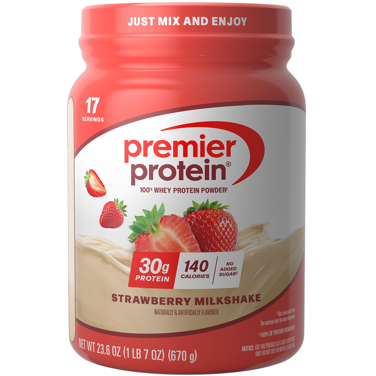 Premier Protein front tub view showing label and servings benefit
