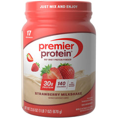 Premier Protein front tub view showing label and servings benefit