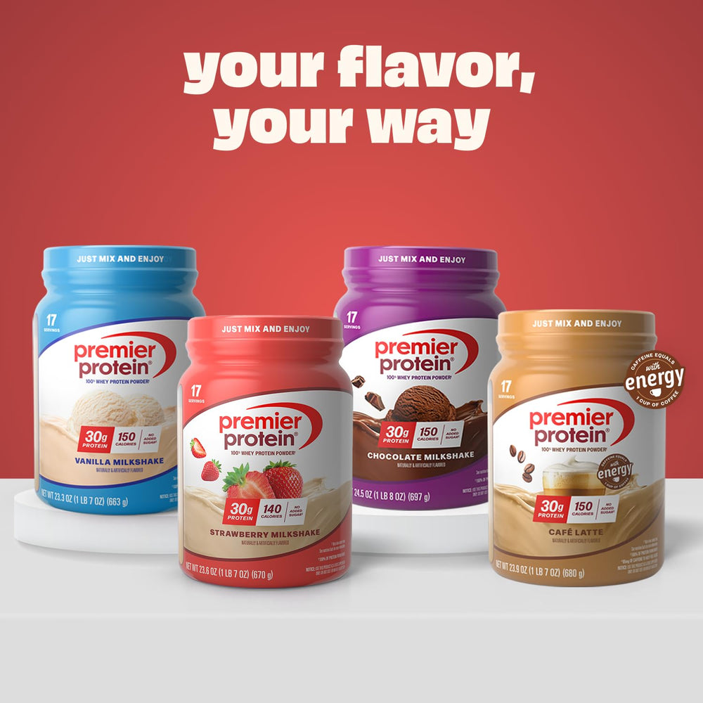 Premier Protein tub beside a measuring scoop showing serving size clarity
