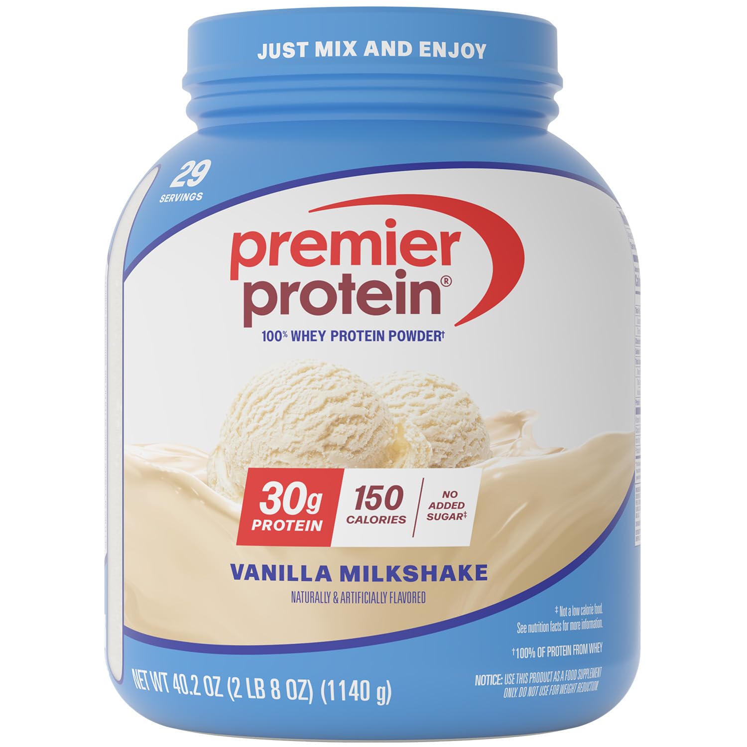 Premier Protein canister front view showing nutrition highlights and vanilla flavor benefit