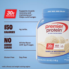 Premier Protein powder texture close-up showing fine whey powder for smooth mixing