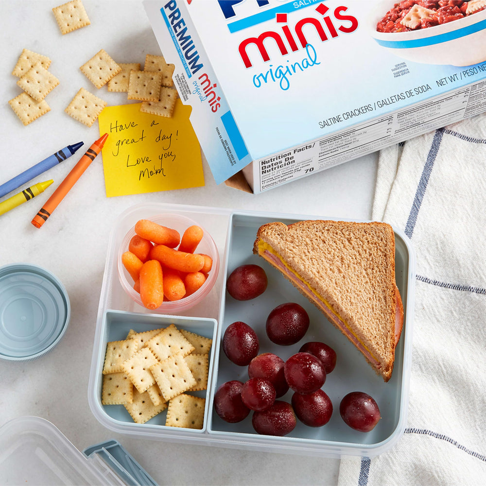 Premium mini saltine box back label showing ingredients and storage info