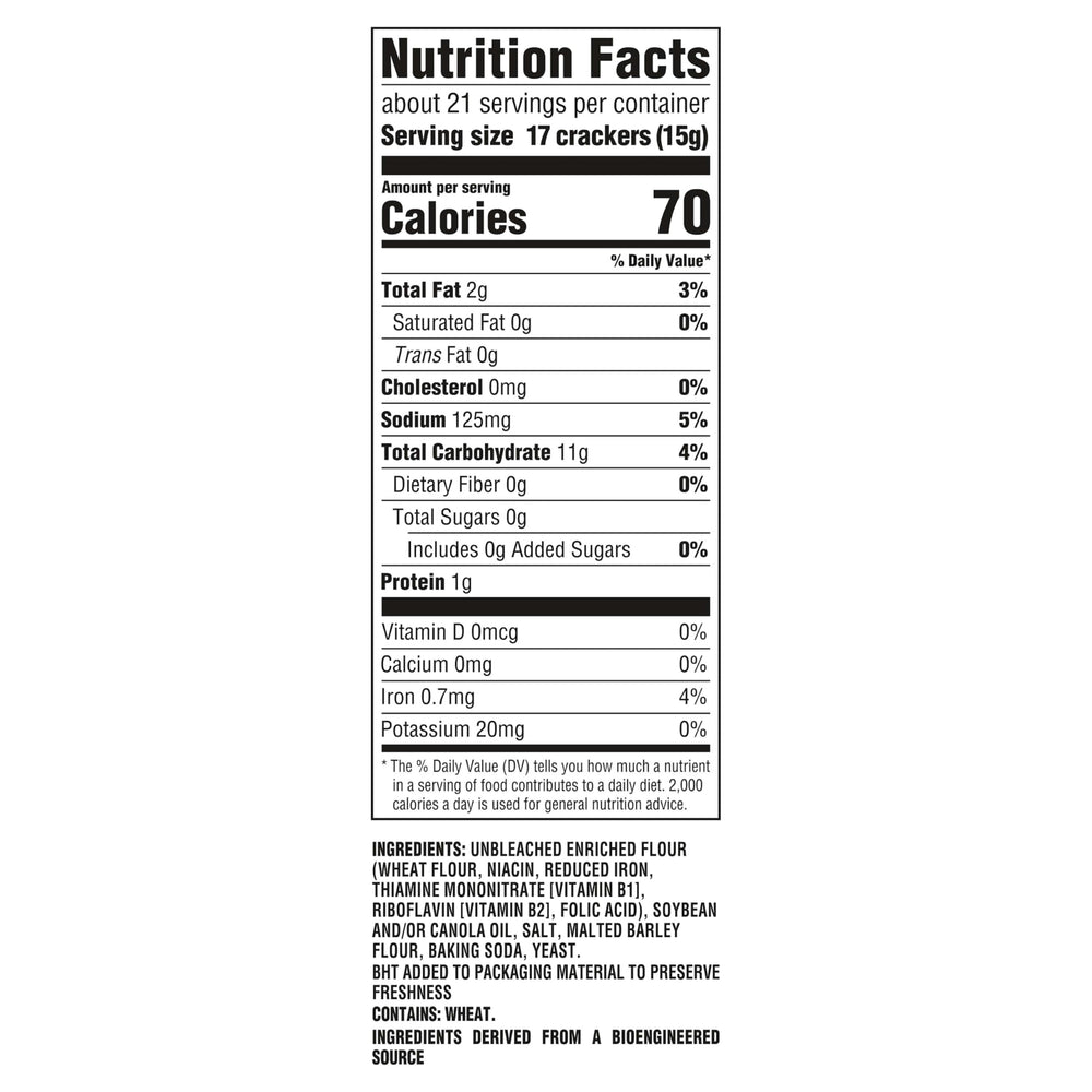Premium mini saltine open box top view revealing crisp bite-sized crackers