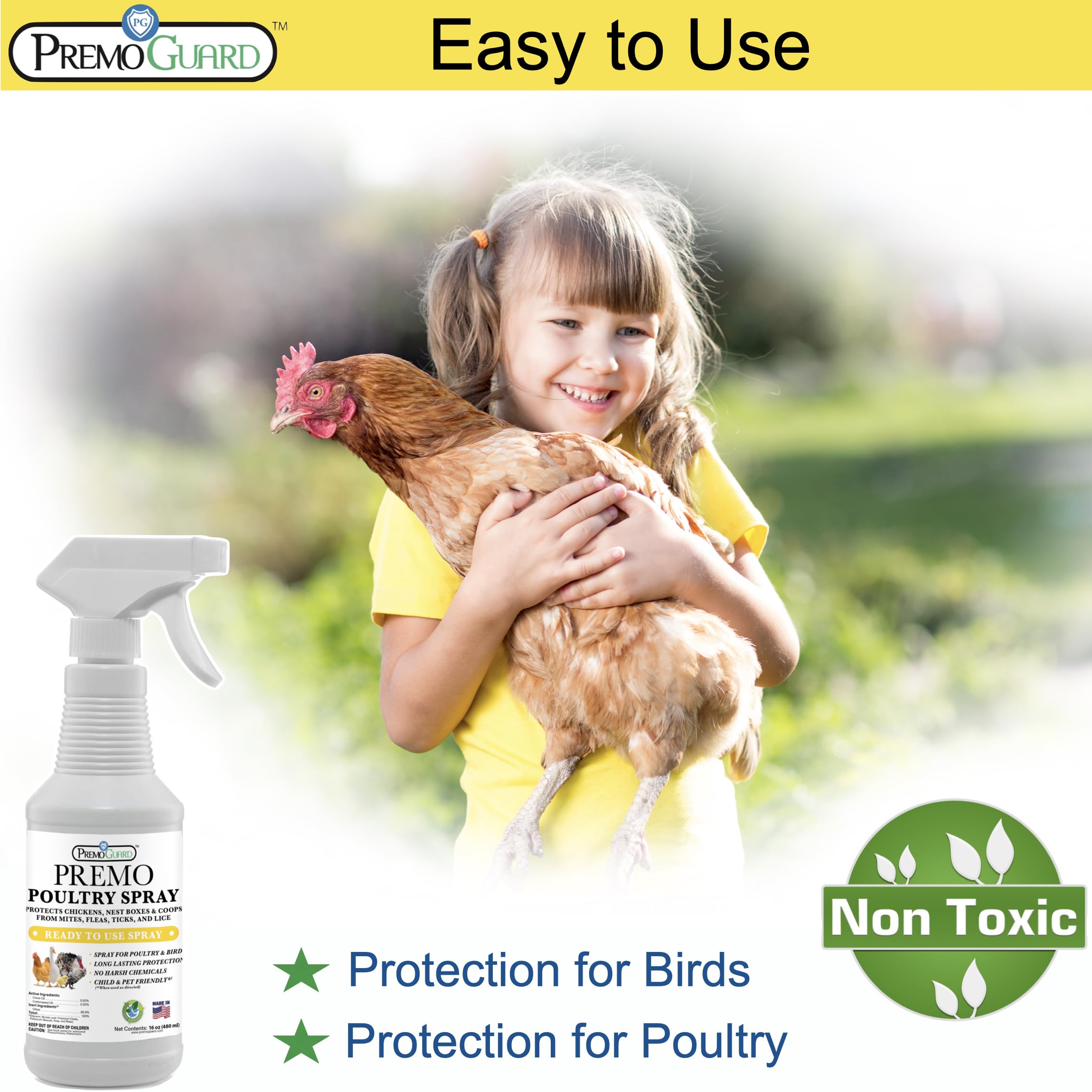 Premo Guard being sprayed on a chicken to show effective contact treatment