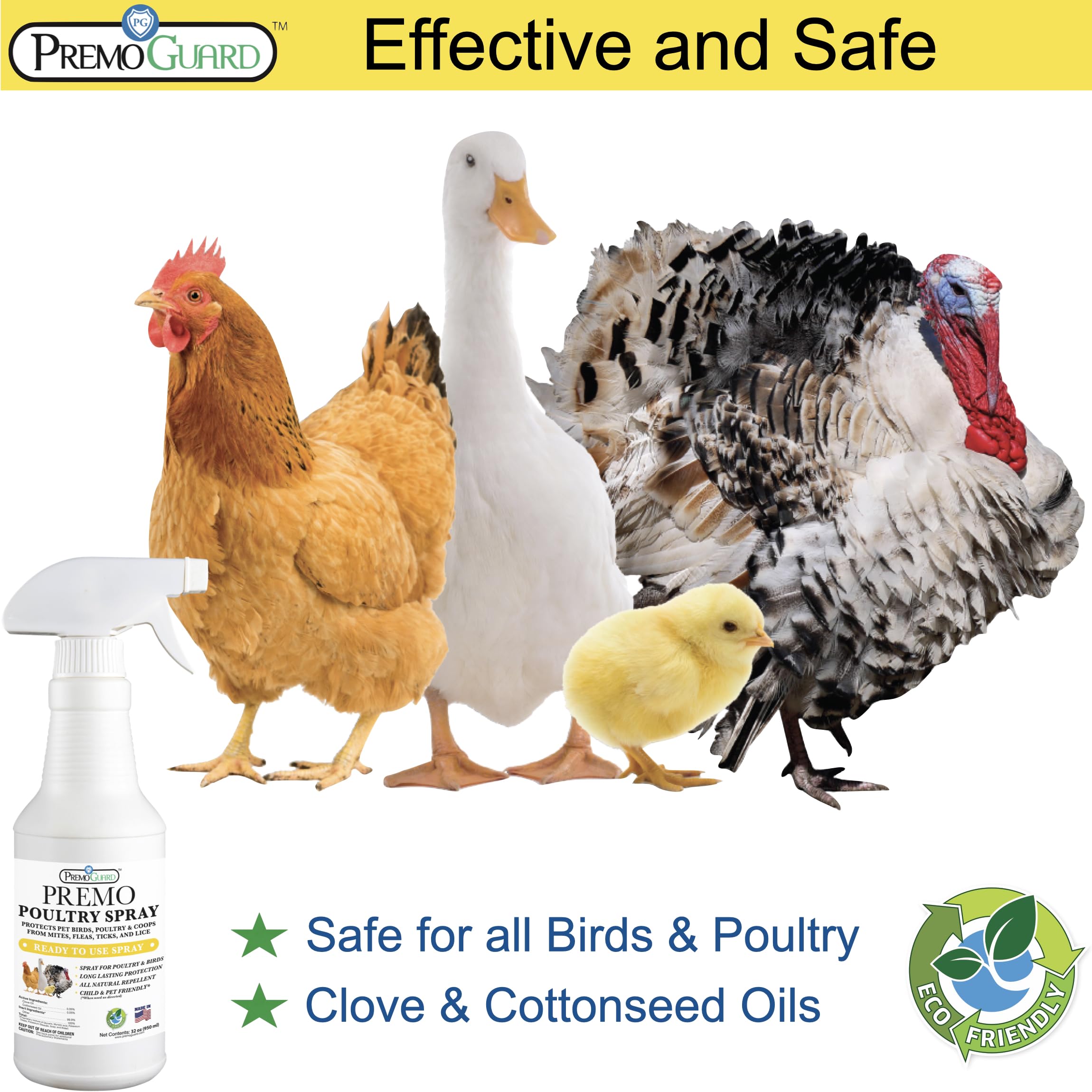 Premo Guard mist being applied to chicken feathers for fast parasite control