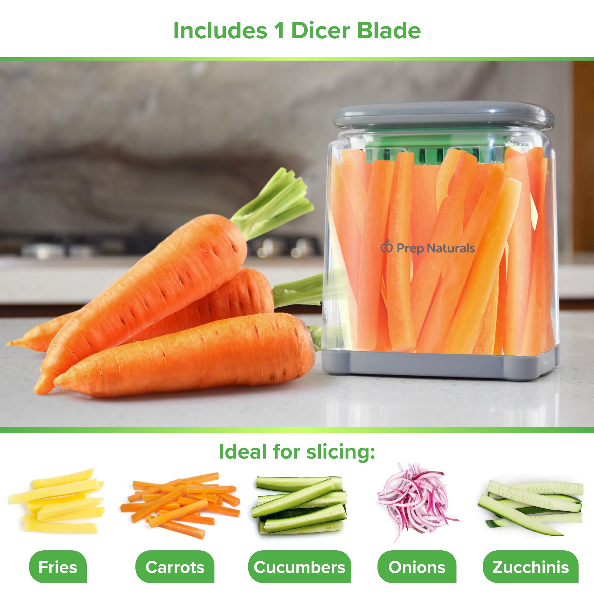 Prep Naturals chop box filled with fries demonstrating tidy countertop collection benefit