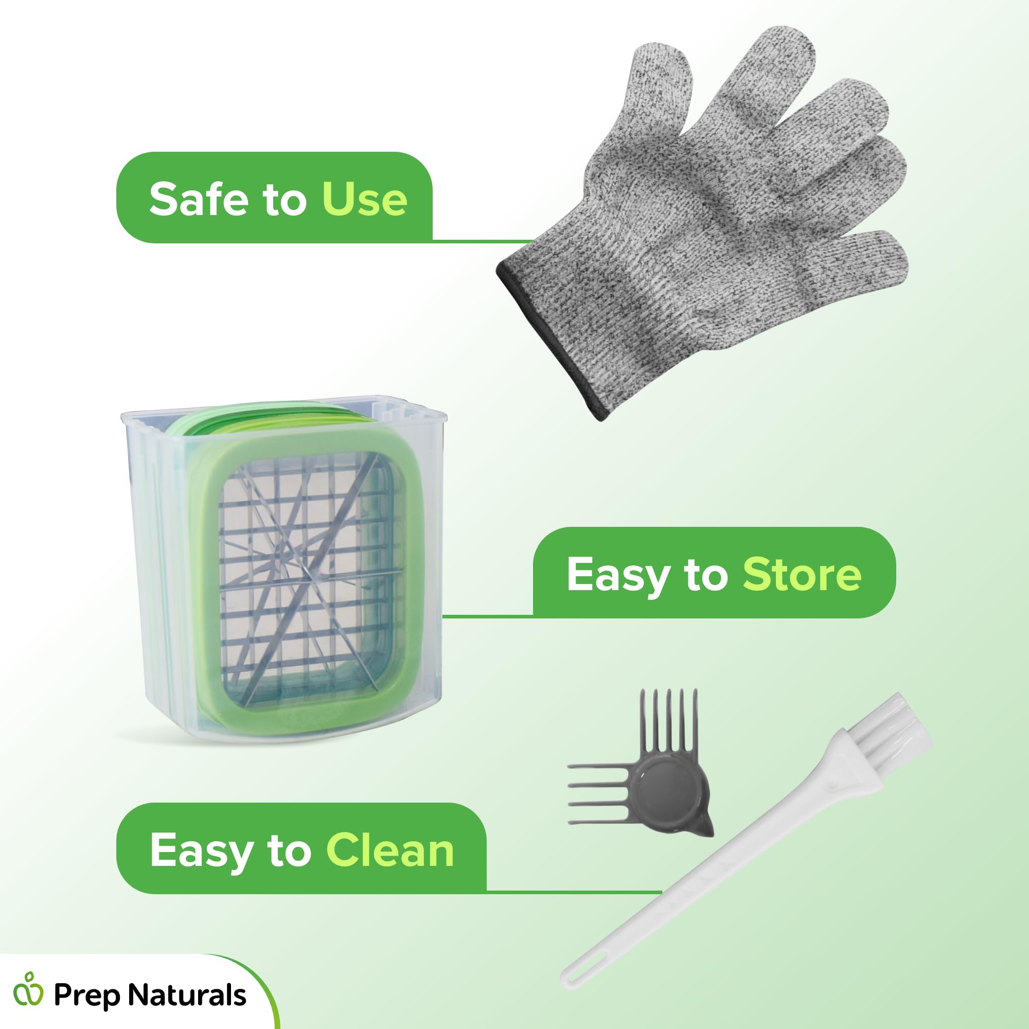 Prep Naturals cleaning brush and disassembled parts illustrating easy maintenance benefit