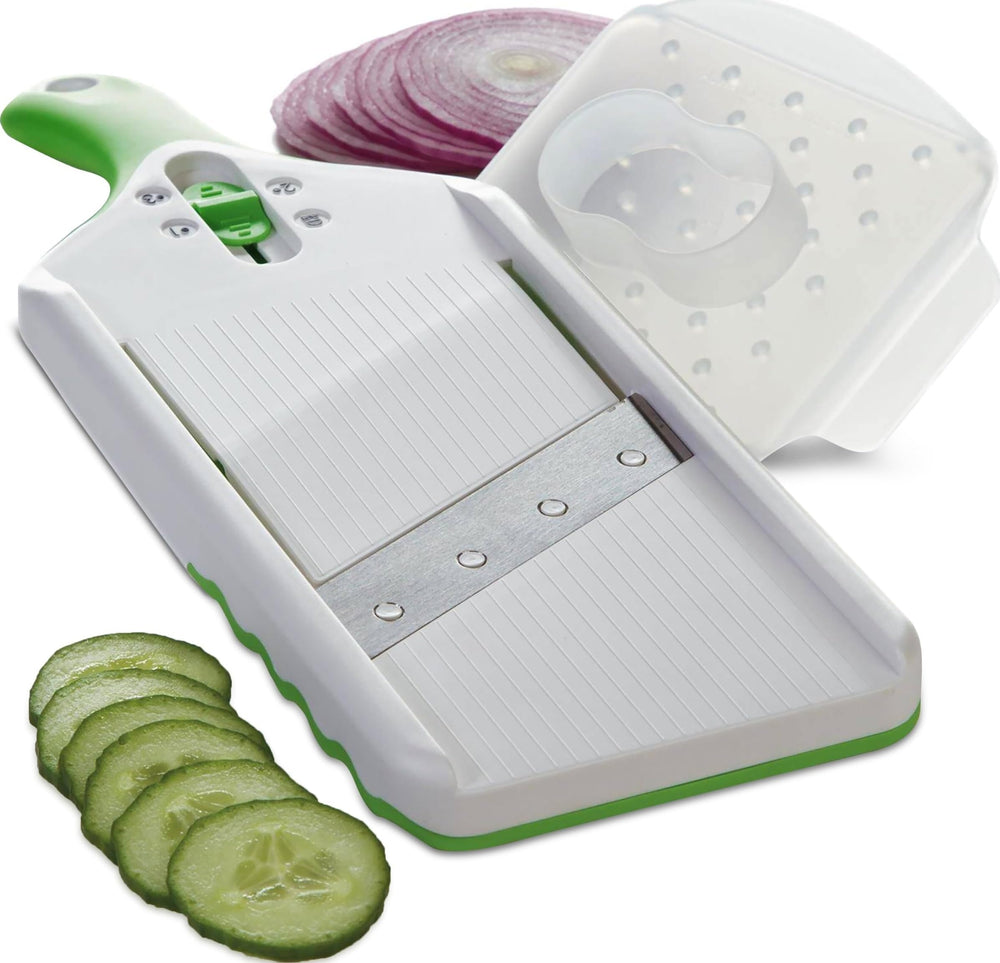 PrepSolutions front view showing green mandoline and compact design for easy storage