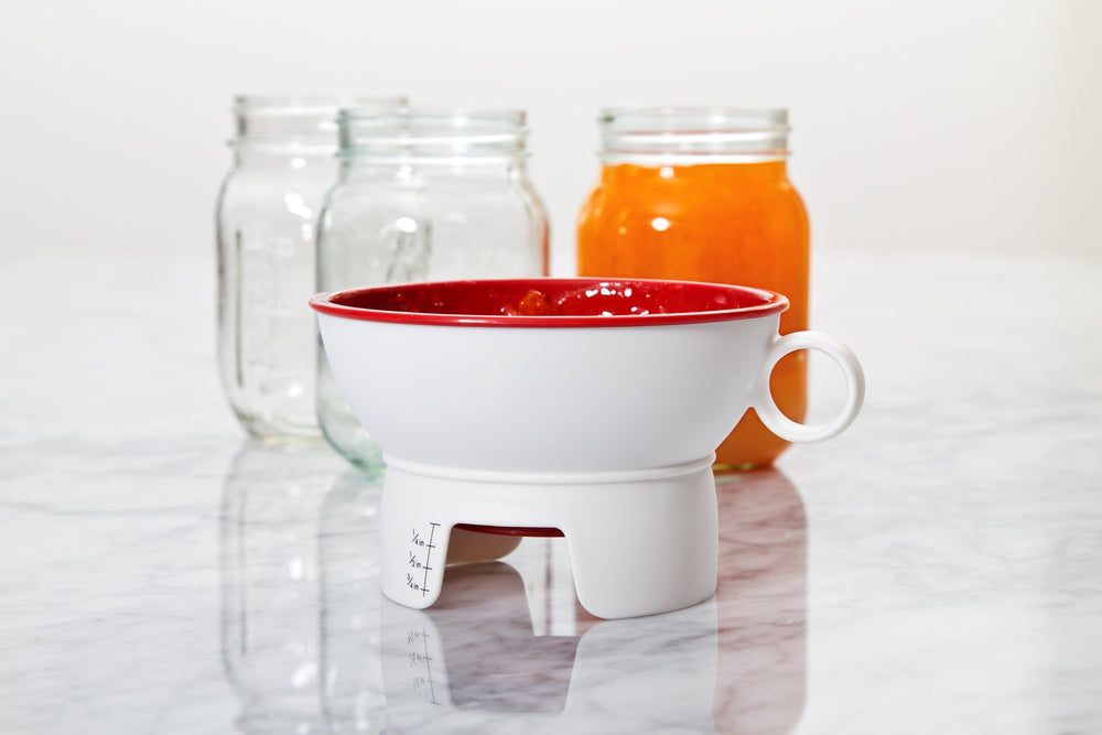 PrepWorks canning funnel in use, keeps counters clean and guides spill-free pouring