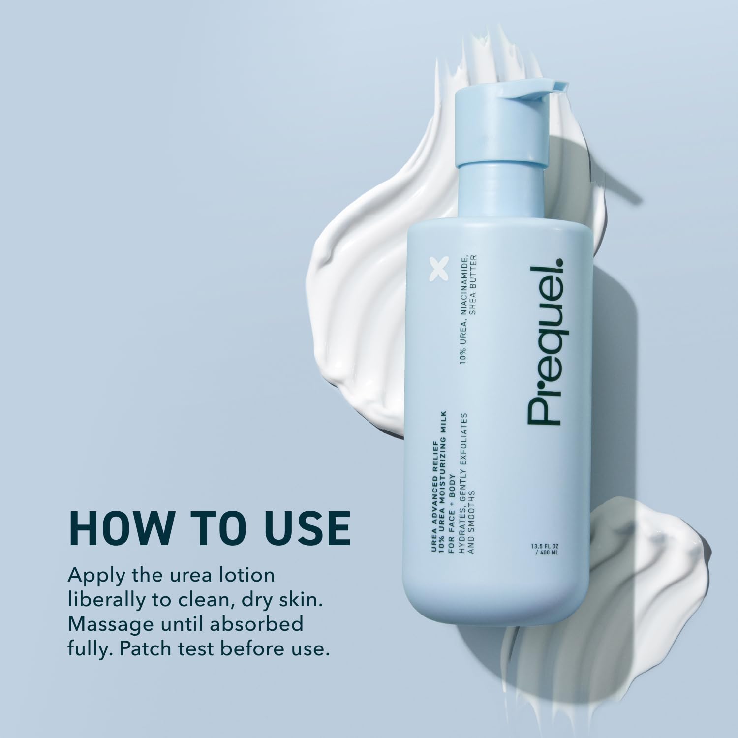 Prequel ingredients label close-up emphasizing urea and niacinamide