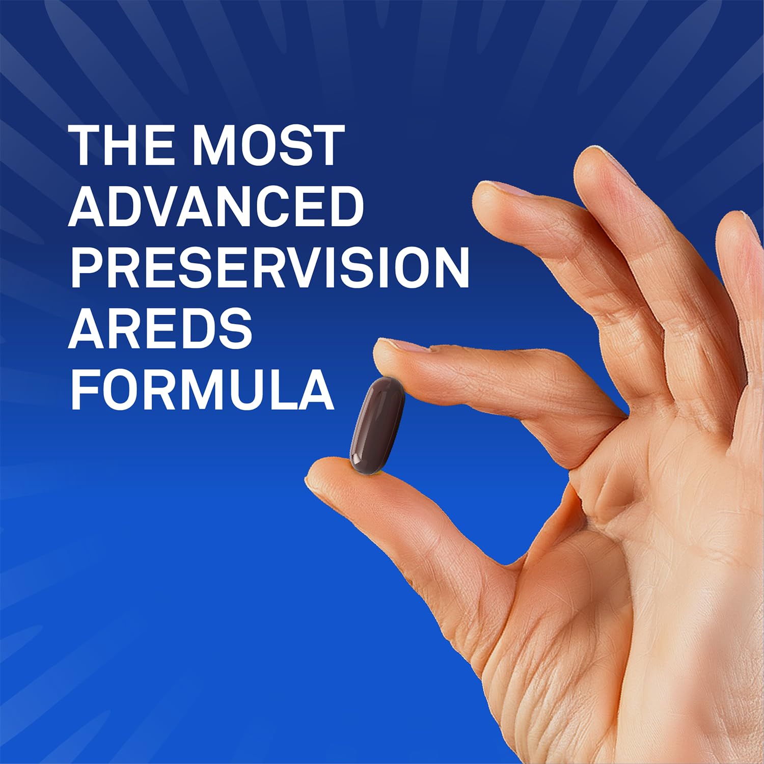 Softgels spilled from PreserVision AREDS3 bottle illustrating capsule size and daily dose convenience