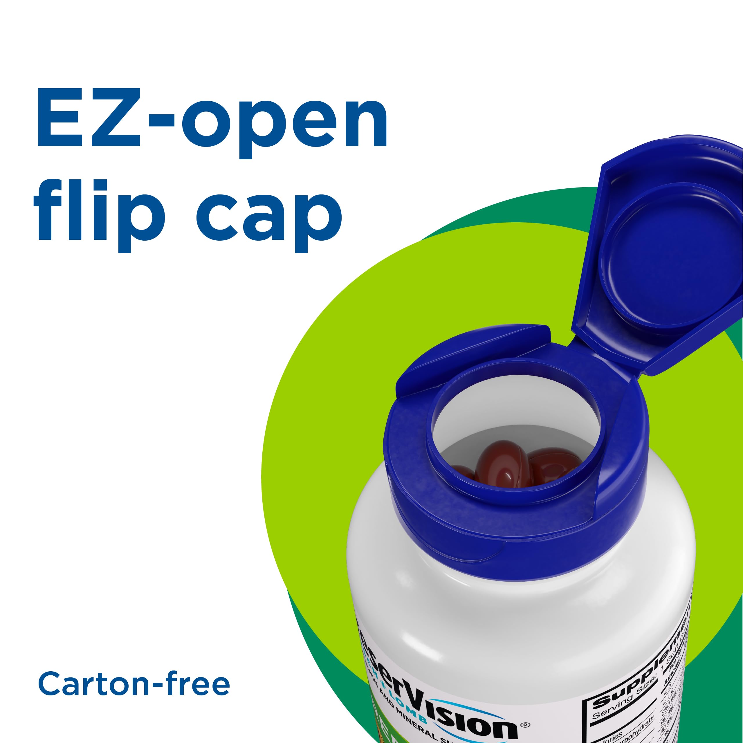 PreserVision bottle with open flip cap for convenient access and storage
