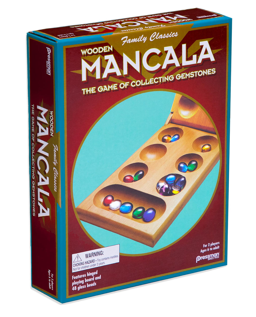 Pressman mancala board detail showing wood grain and hinged construction durability