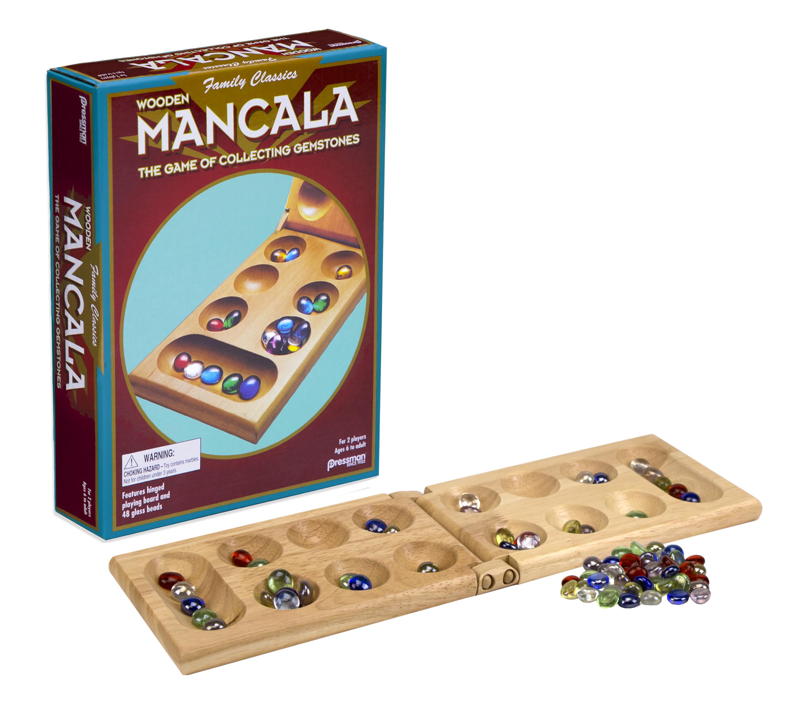 Pressman mancala front view showing board and stones for easy play setup