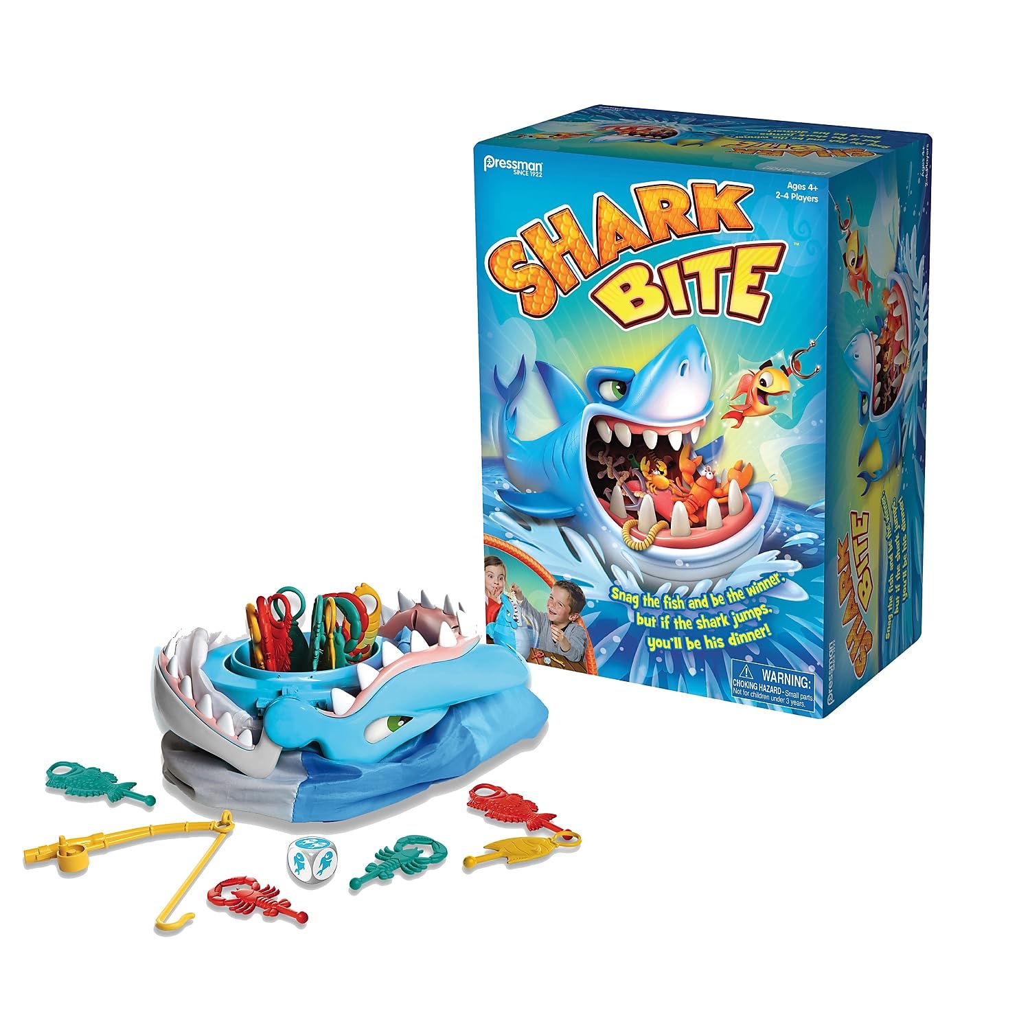 Pressman Shark Bite front packaging showing contents and family-friendly artwork