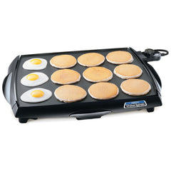 Presto griddle front view showing large cooking area and cool-touch base for safer handling