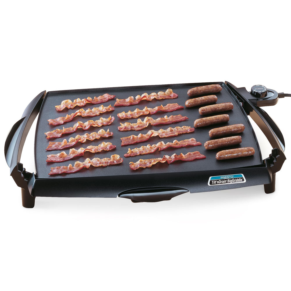 Presto griddle tilted with meats draining demonstrating grease removal and healthier plating