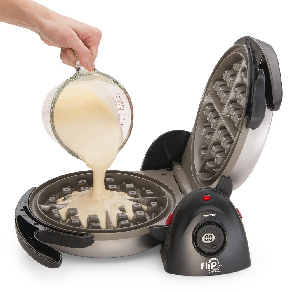 Presto rotating FlipSide while pouring batter for even waffle distribution