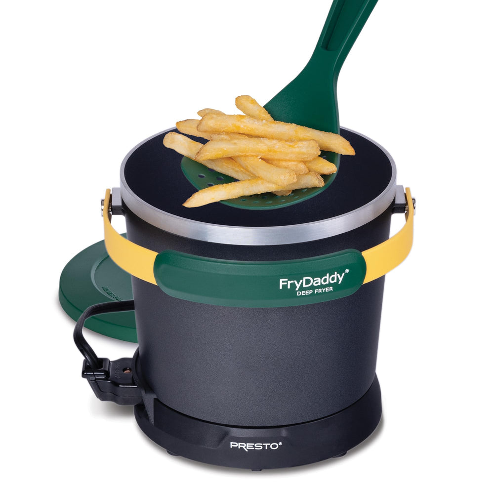 Presto FryDaddy front view showing green and gold finish and compact design for easy frying