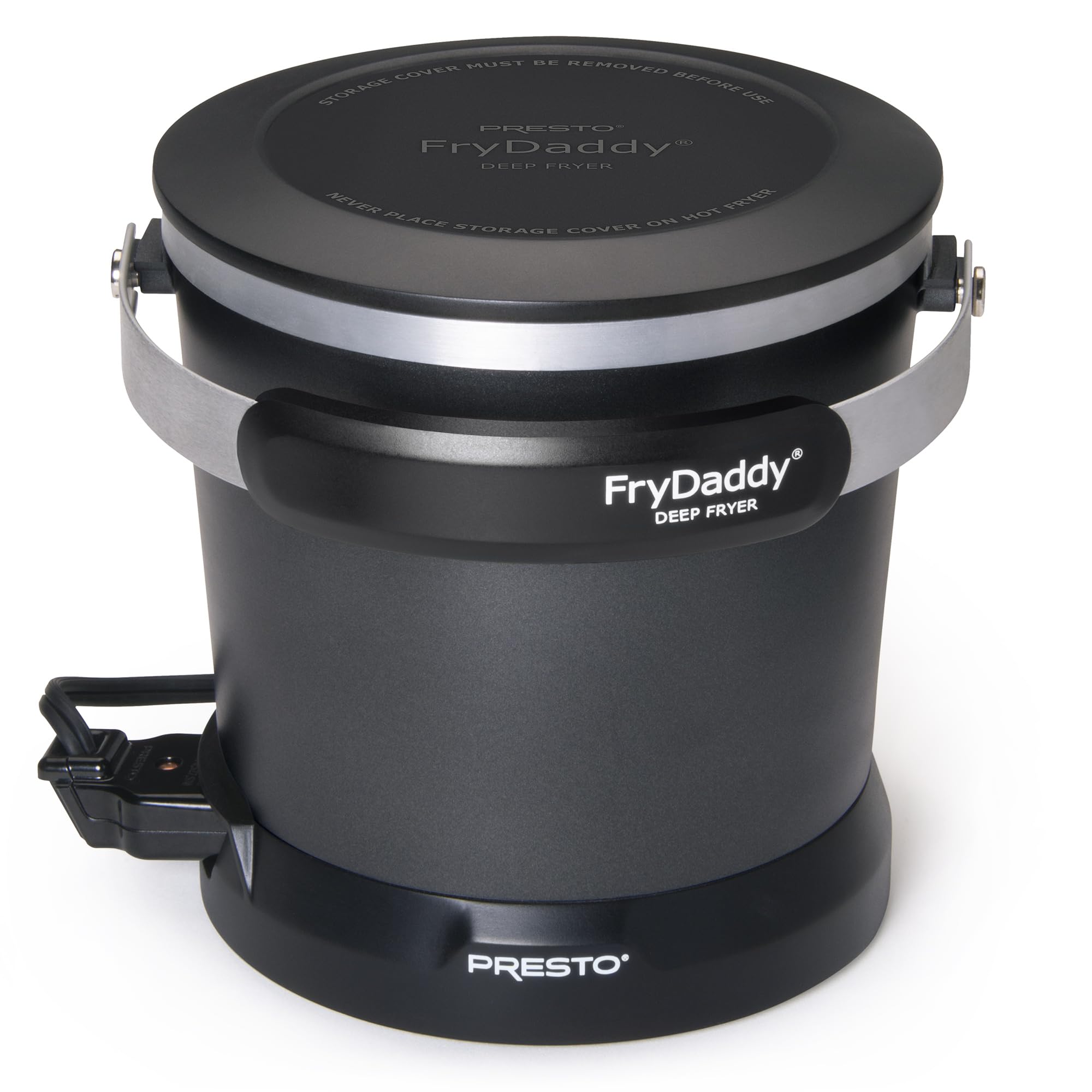 Presto FryDaddy snap-on lid closed demonstrating safe oil storage benefit