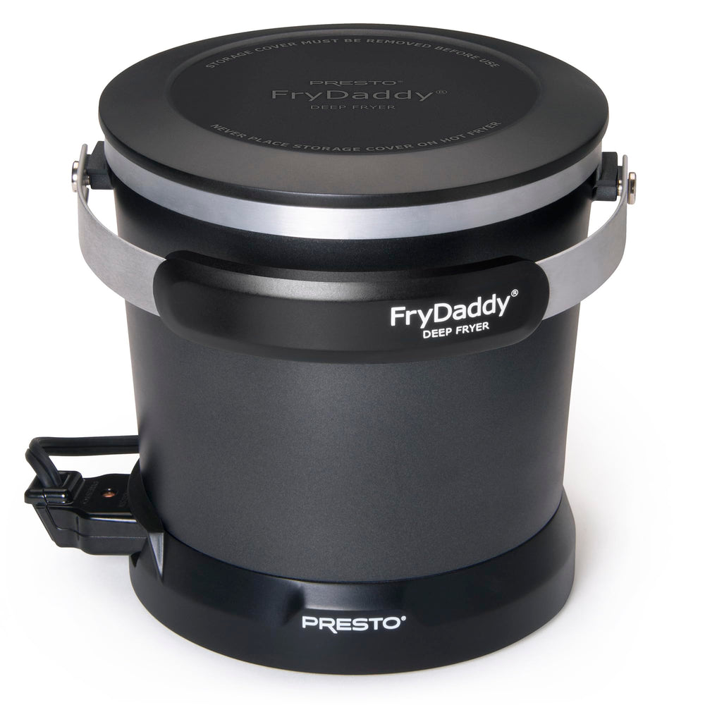 Presto FryDaddy snap-on lid closed demonstrating safe oil storage benefit