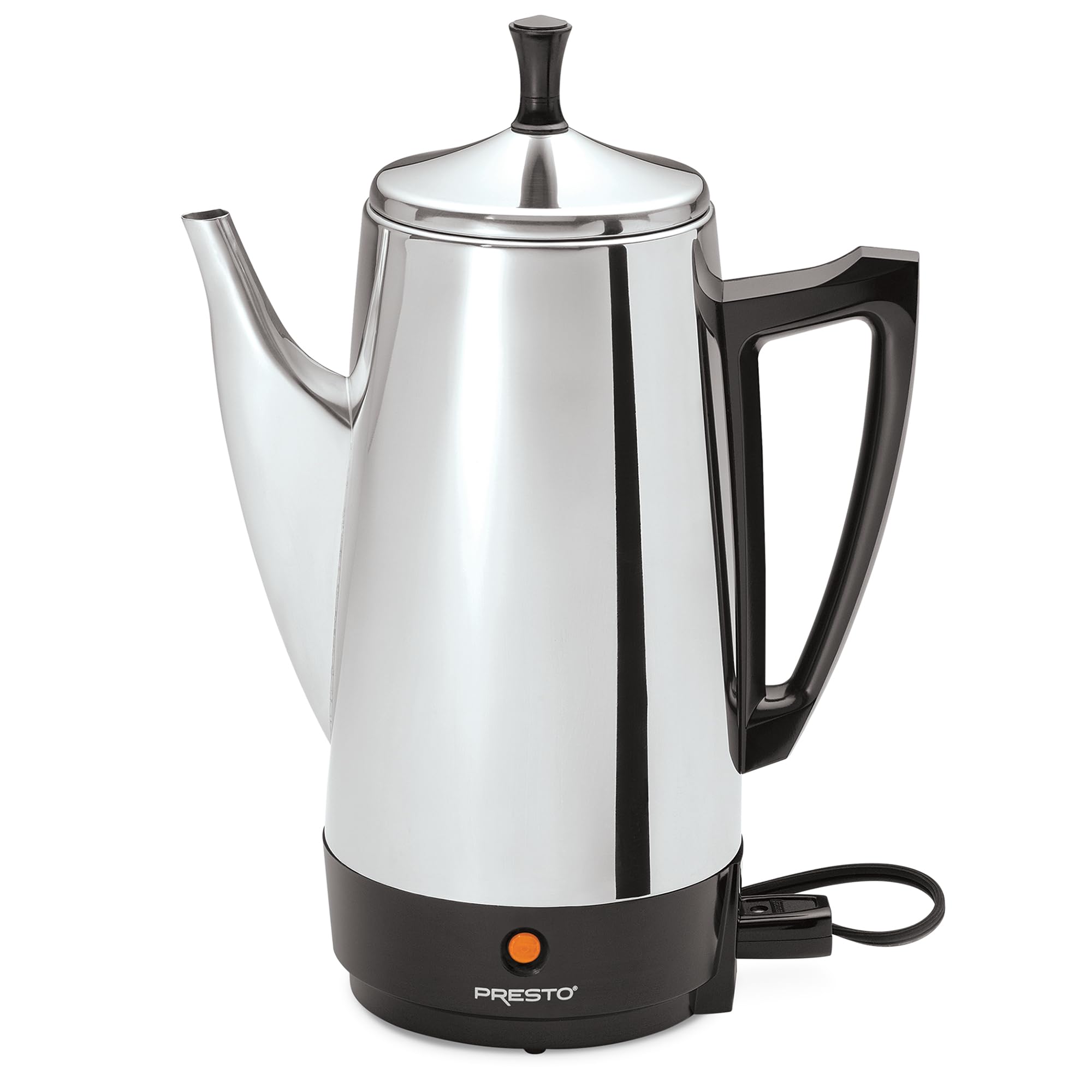 Presto stainless-steel percolator front view showing elegant design and fast brewing