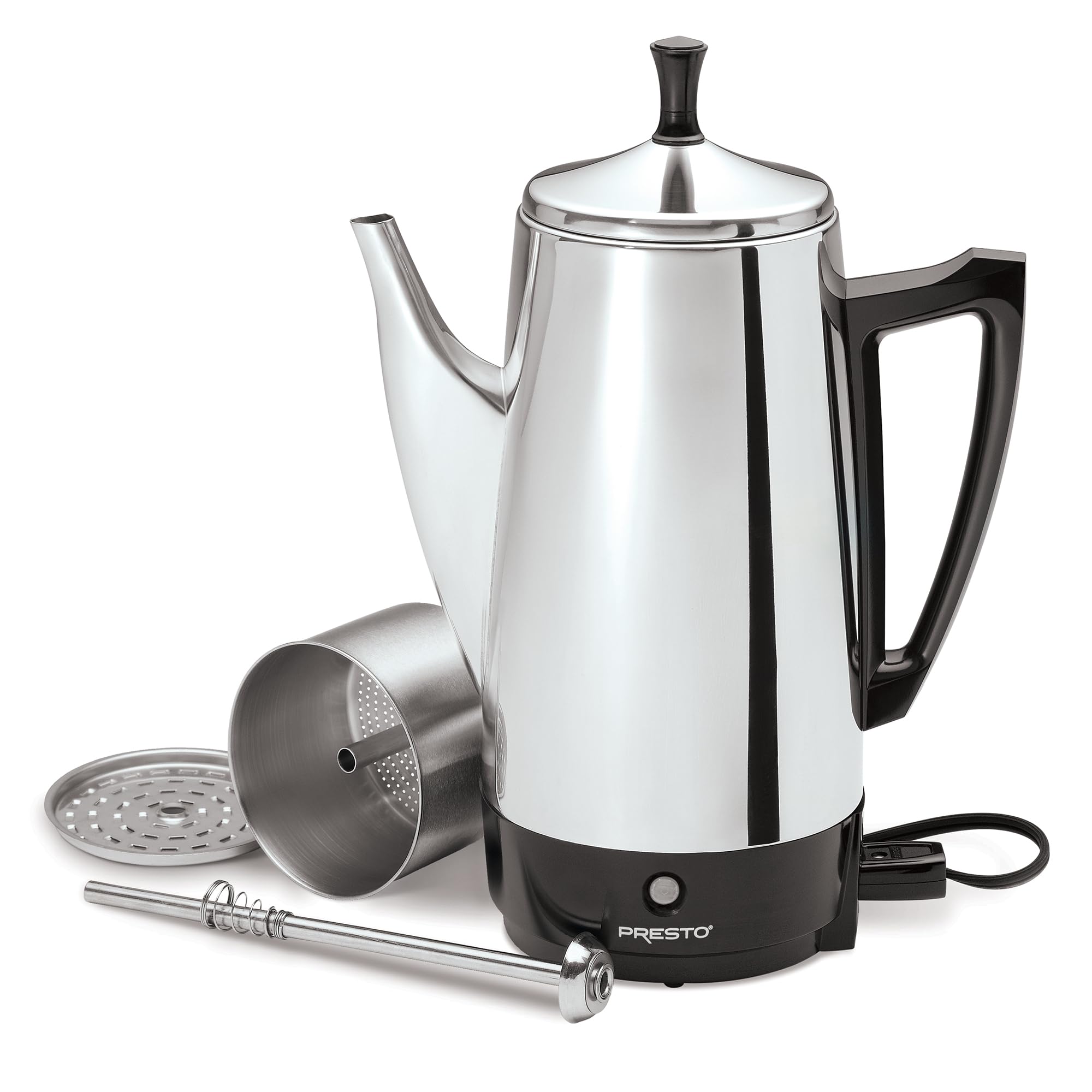 Presto percolator brewing on countertop with coffee being poured for easy serving