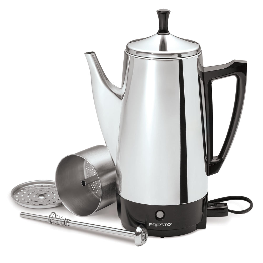Presto percolator brewing on countertop with coffee being poured for easy serving