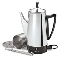 Presto percolator brewing on countertop with coffee being poured for easy serving