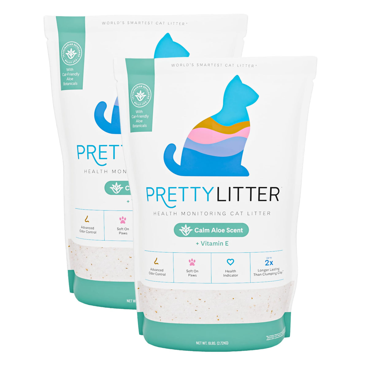 PrettyLitter front packaging showing 2-pack calm aloe and benefits