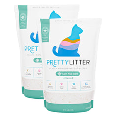 PrettyLitter front packaging showing 2-pack calm aloe and benefits