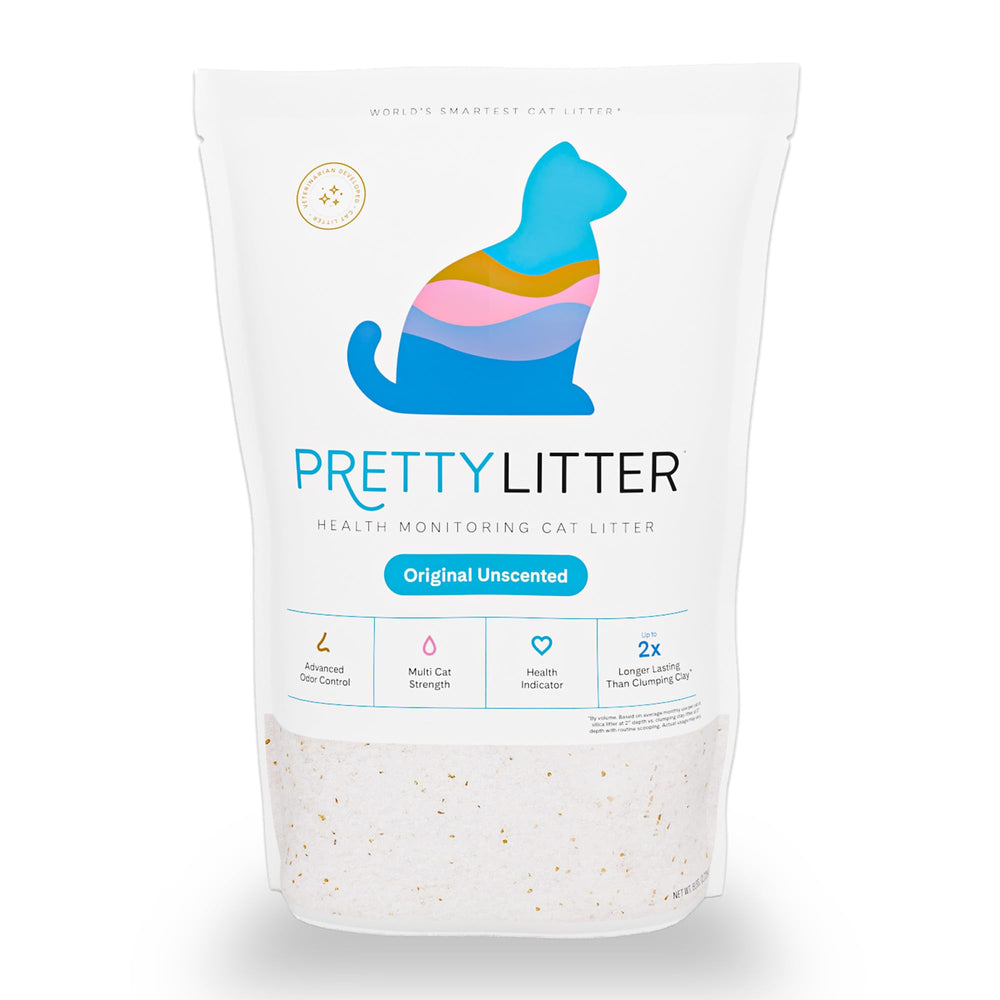 PrettyLitter front of bag showing brand and unscented benefit