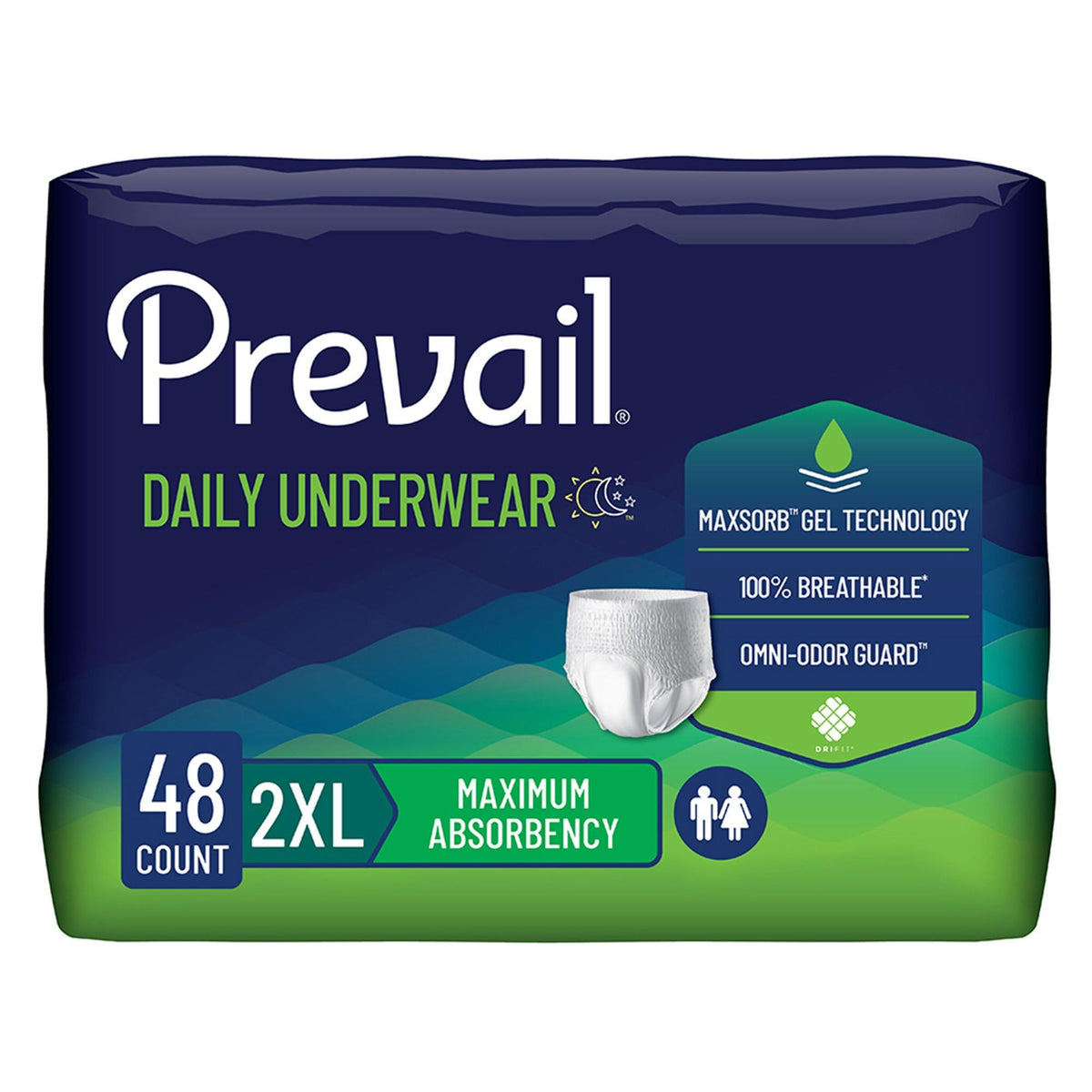 Prevail front packaging showing 48 ct and product benefits