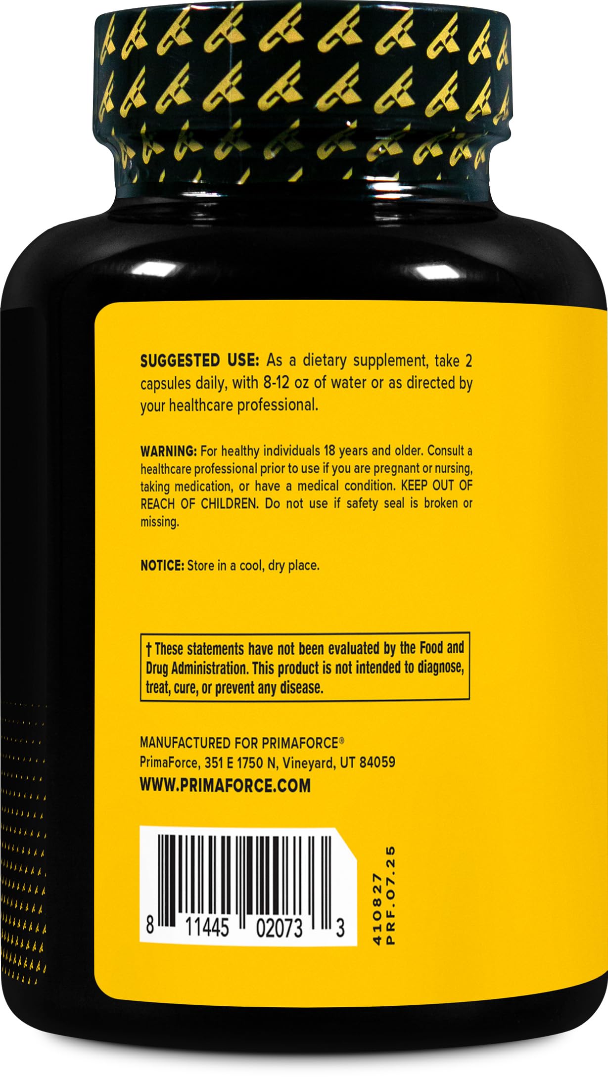 Primaforce bottle next to a ruler showing size and 270-capsule supply benefit