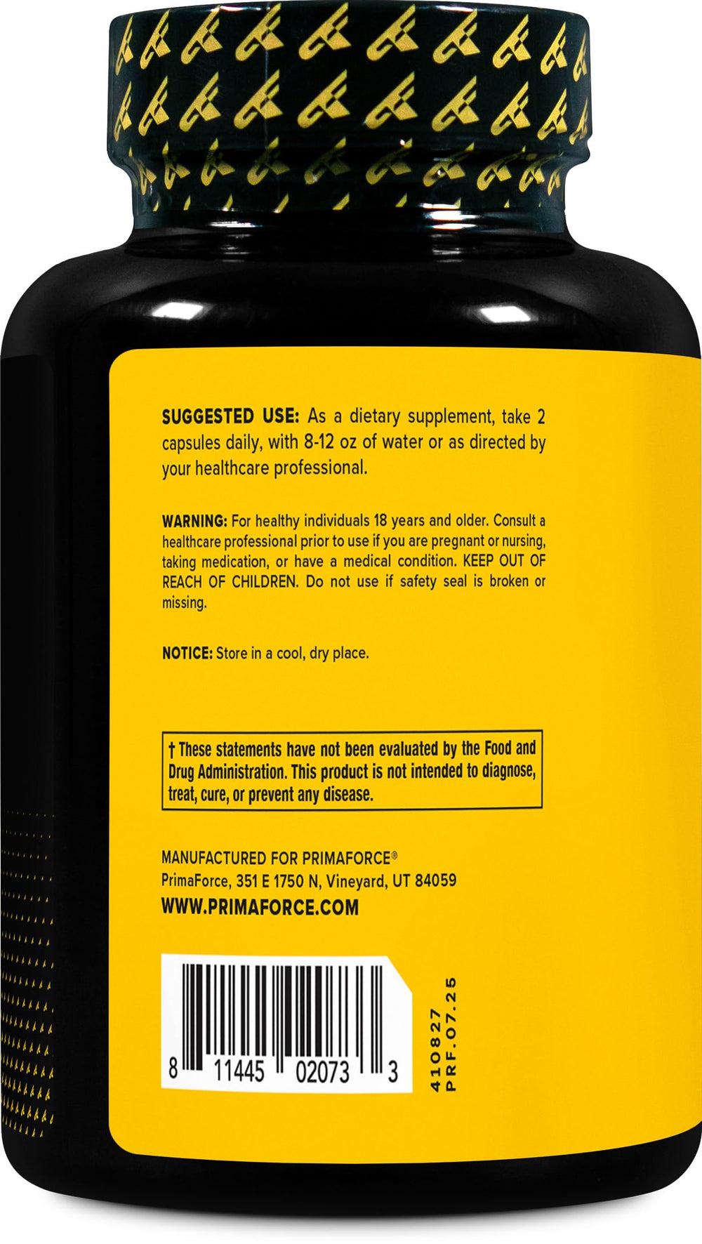 Primaforce bottle next to a ruler showing size and 270-capsule supply benefit